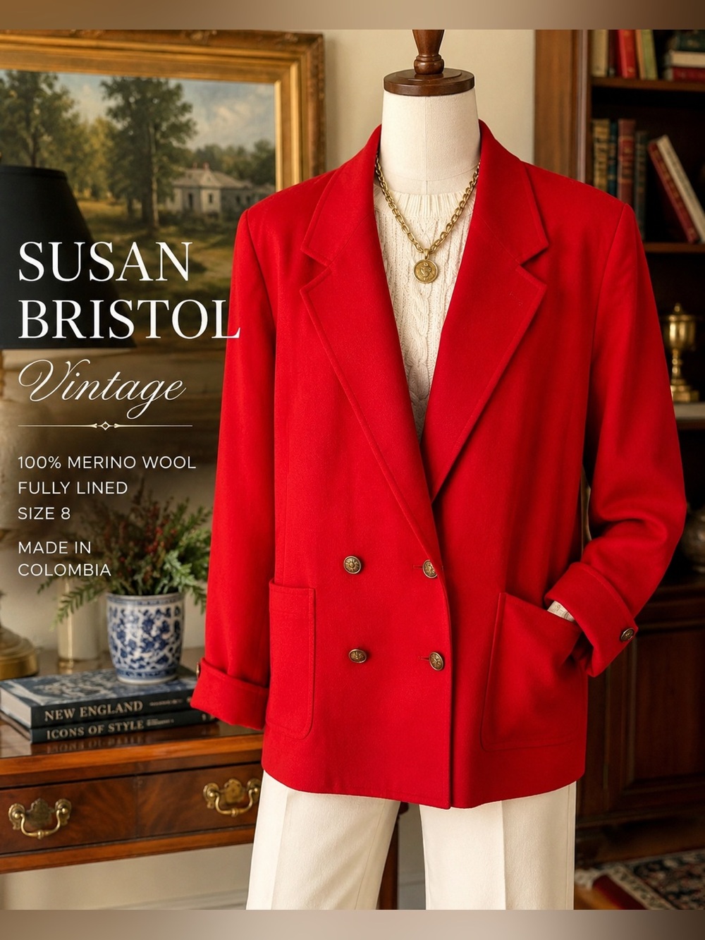 Vintage Susan Bristol Red Merino Wool Blazer Size 8 Double Breasted Preppy